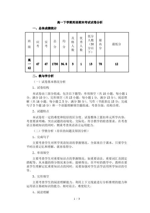 高一下学期英语期末试卷分析