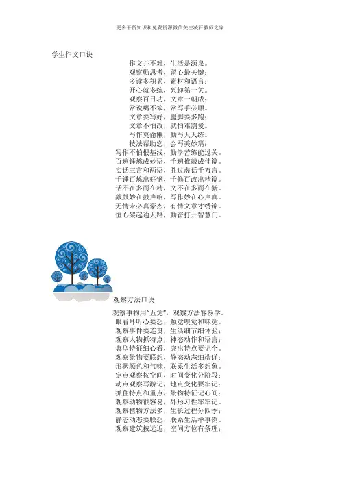 小学语文作文口诀宝典,让我简直文思泉涌,妙笔生花……(附word文档)