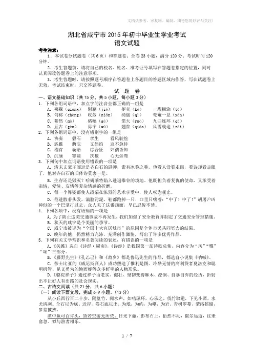 2015年湖北省咸宁市中考语文试题(含答案)