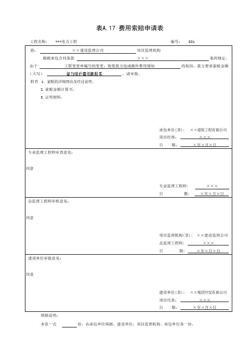 费用索赔申请表