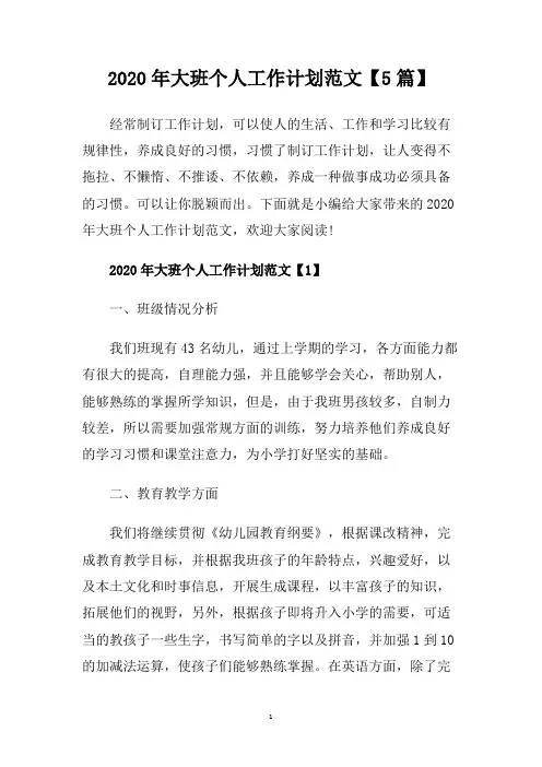 2020年大班个人工作计划范文【5篇】.doc