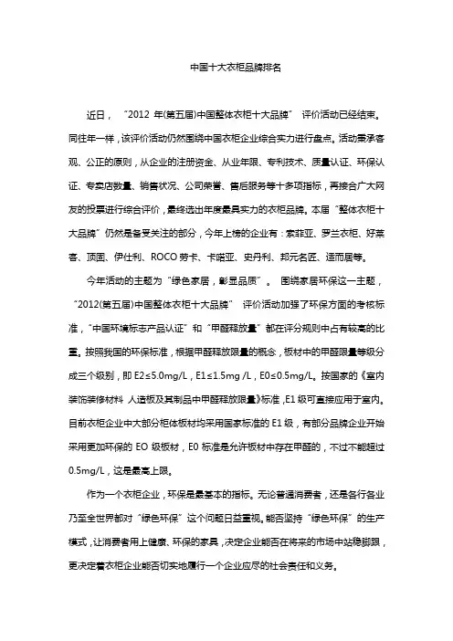 中国十大衣柜品牌排名