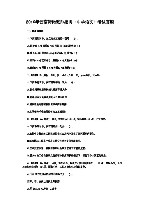 2016年云南特岗教师招聘《中学语文》考试真题