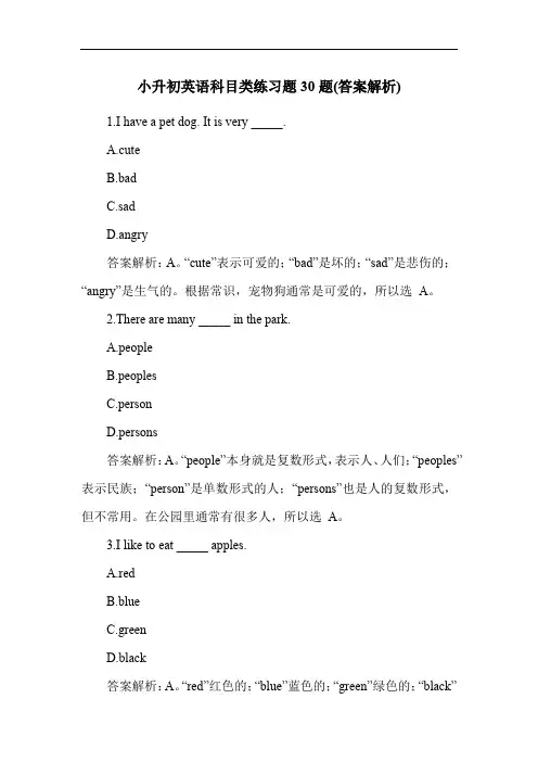 小升初英语科目类练习题30题(答案解析)