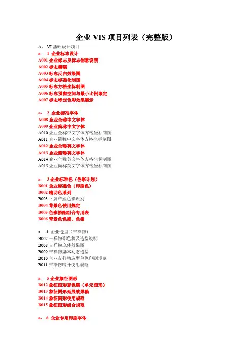 企业VIS项目列表(完整版)