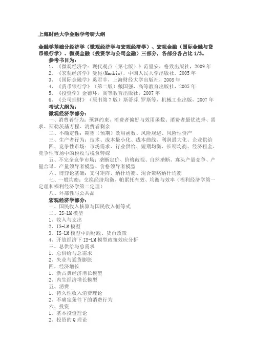 上海财经大学金融学考研大纲