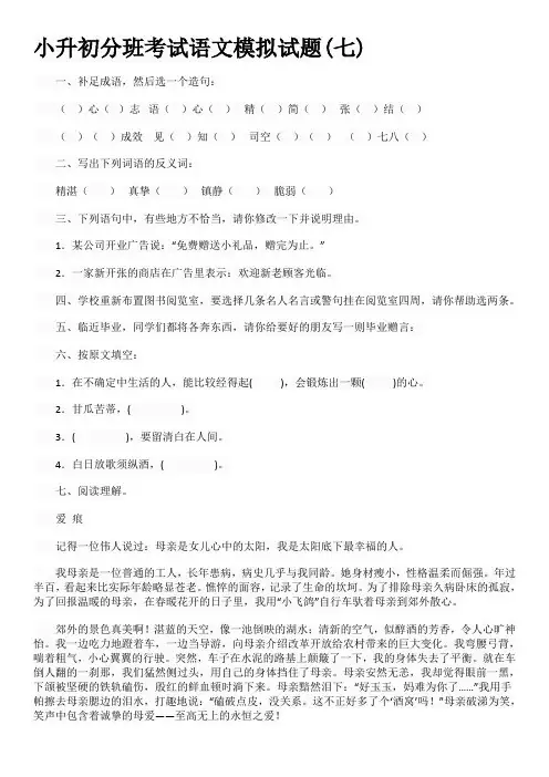 小升初分班考试语文模拟试题(七)