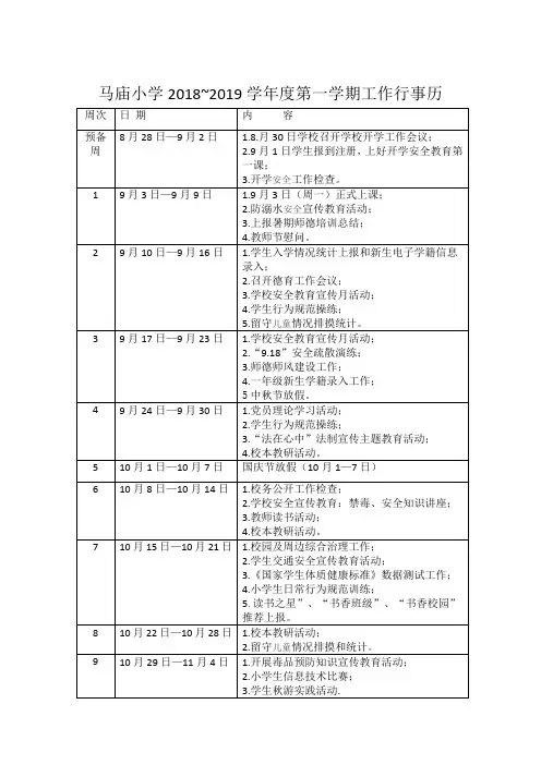 马庙小学2018~2019学年度第一学期工作行事历
