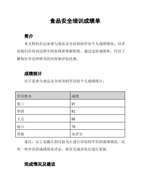 食品安全培训成绩单