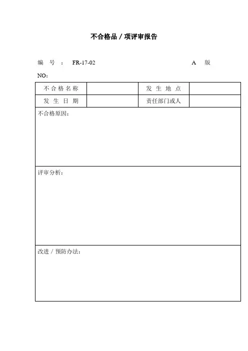不合格品项评审报告表格格式