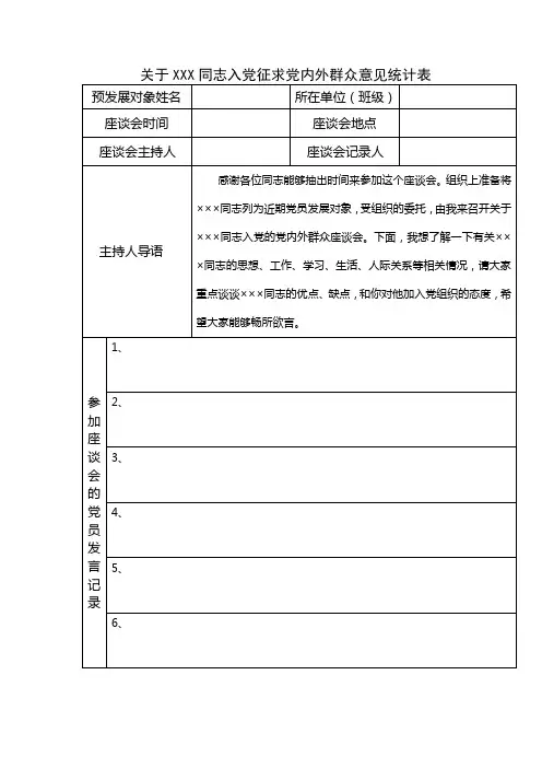 关于XXX同志入党征求党内外群众意见统计表