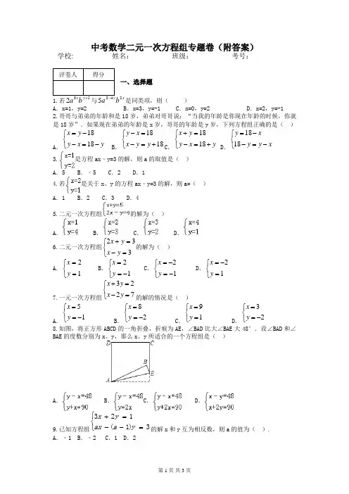 中考数学二元一次方程组专题卷(附答案)
