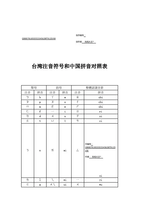 台湾注音符号和中国拼音对照表