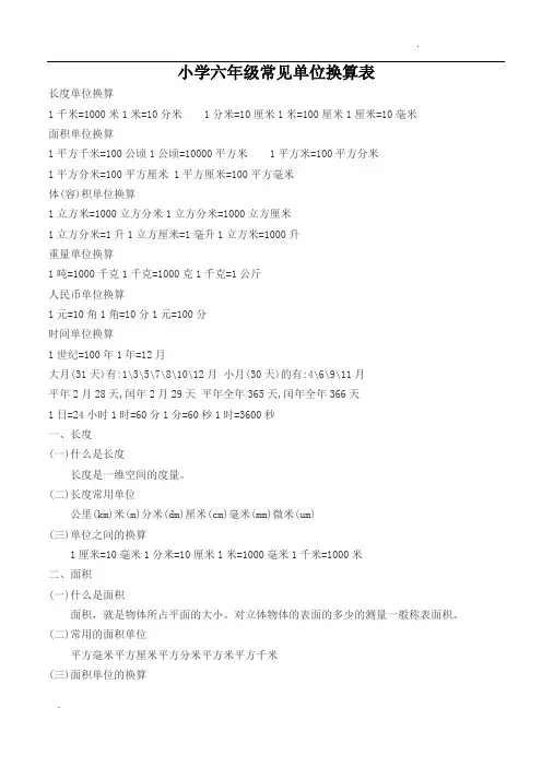 六年级常见单位换算表