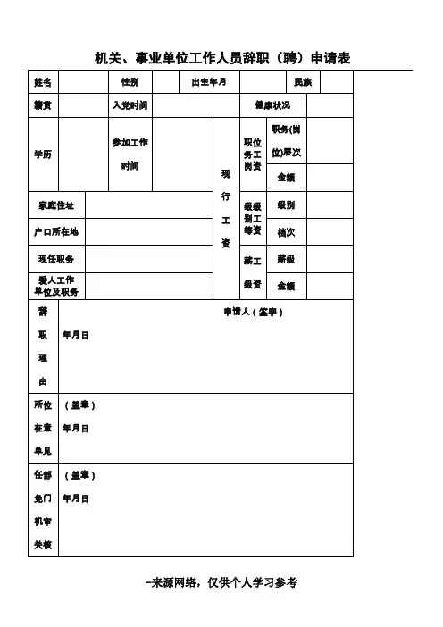 机关、事业单位工作人员辞职(聘)申请表