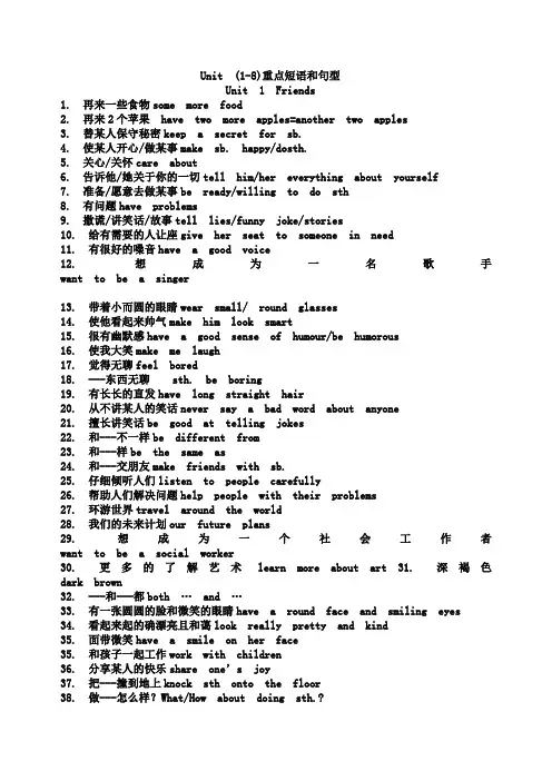 译林牛津英语Unit (1-8)重点短语和句型