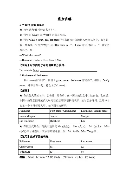 最新人教七年级英语 Unit 1 My name's Gina.重点讲解