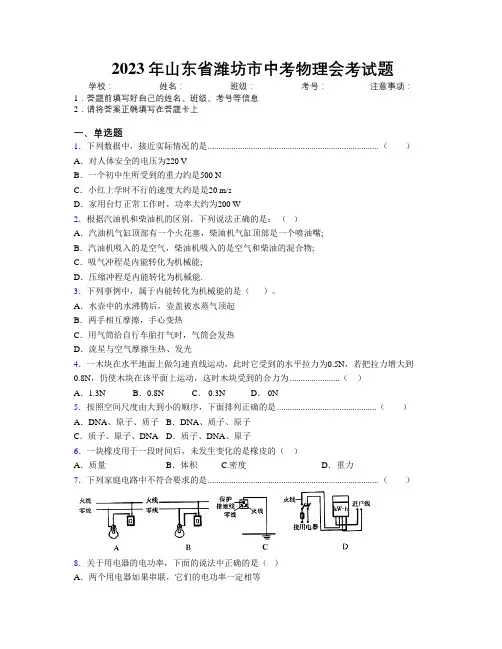 2023年山东省潍坊市中考物理会考试题及解析