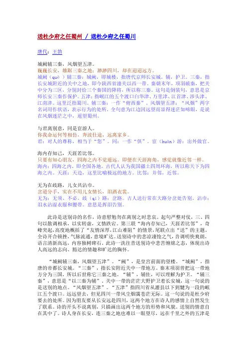 送杜少府之任蜀州 原文加注释附解析