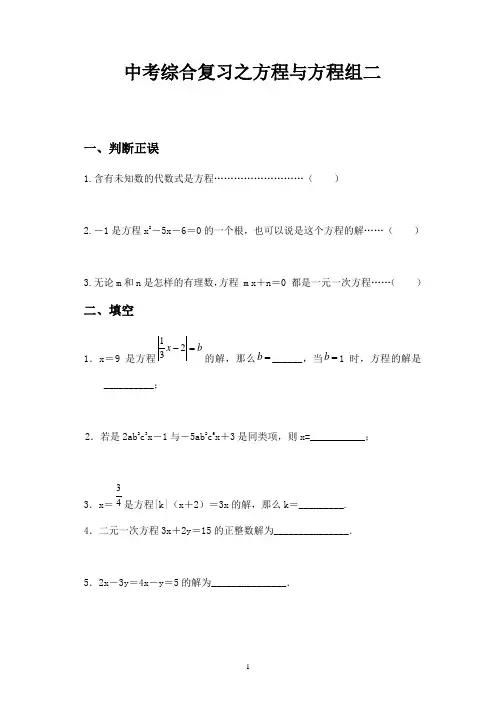 中考数学综合复习之方程与方程组二