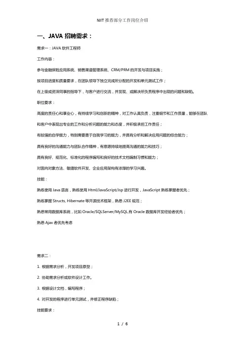 NIIT推荐部分工作岗位介绍