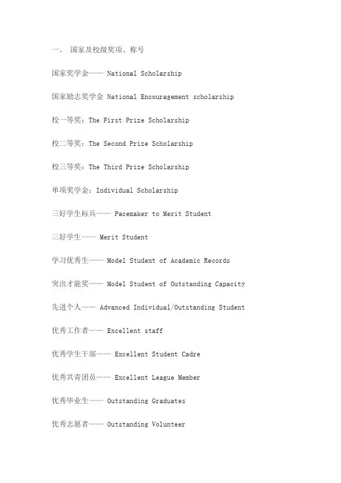 各种奖项的英文名称