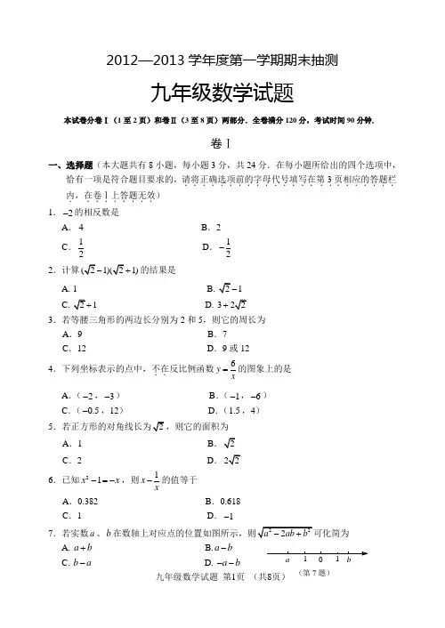 2012-2013第一学期市统考期末九年级数学试题