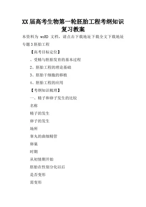 XX届高考生物第一轮胚胎工程考纲知识复习教案