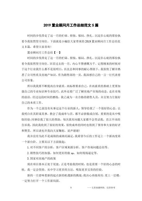 2019置业顾问月工作总结范文5篇