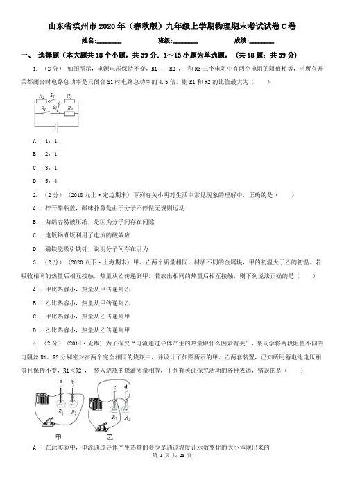 山东省滨州市2020年(春秋版)九年级上学期物理期末考试试卷C卷