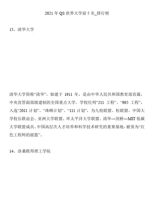 2021年QS世界大学前十名_排行榜