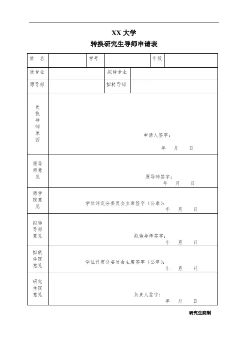 XX大学转换研究生导师申请表