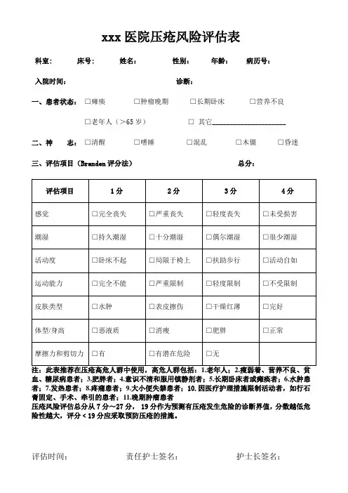 压疮风险评估表 2