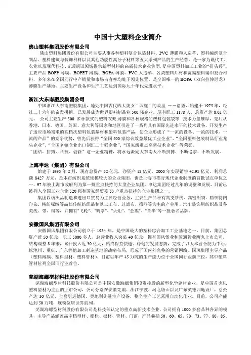 中国十大塑料企业简介
