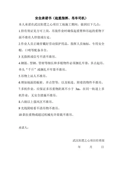 安全承诺书(起重指挥、吊车司机)