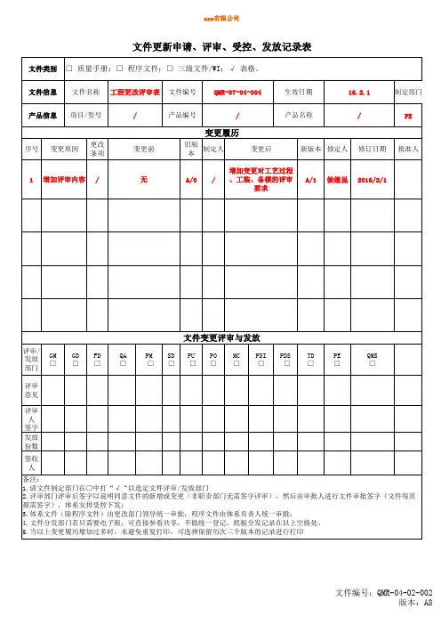 工程更改文件更新申请、评审、受控、发放记录表