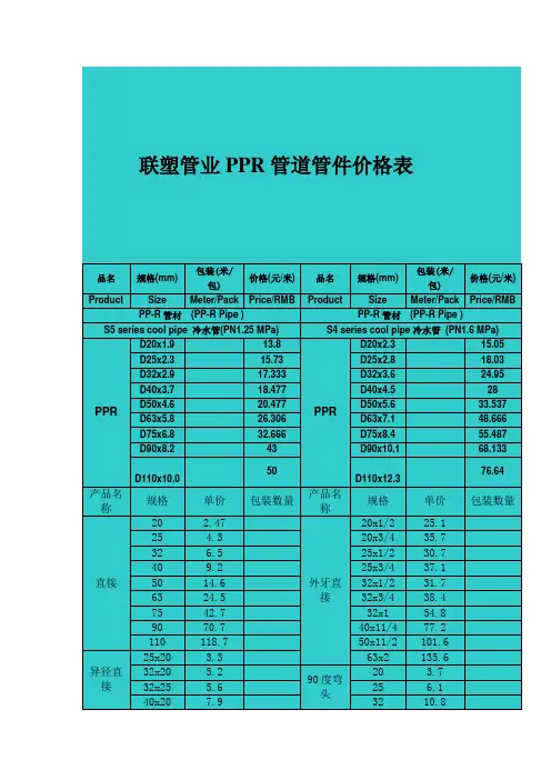 联塑管业PPR管道管件价格表