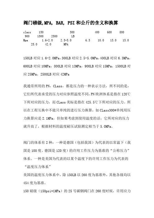 阀门磅级,MPA, BAR, PSI和公斤的含义和换算