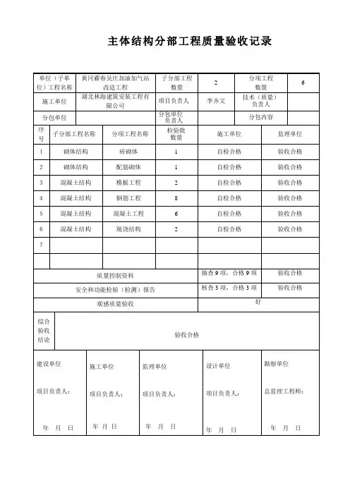 主体分部工程质量验收记录
