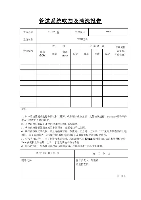 管道系统吹扫及清洗报告