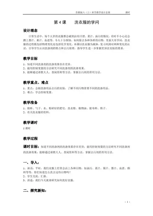 苏教版科学六年级上册优秀教学设计 洗衣服的学问
