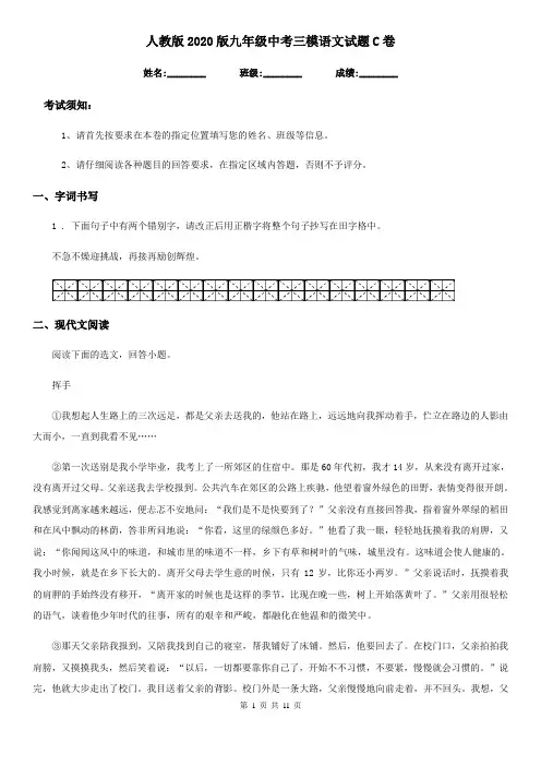 人教版2020版九年级中考三模语文试题C卷