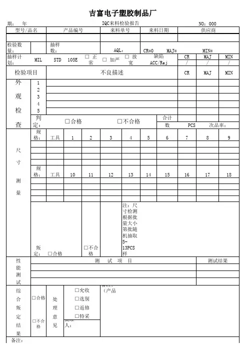 IQC来料检验报告工作表