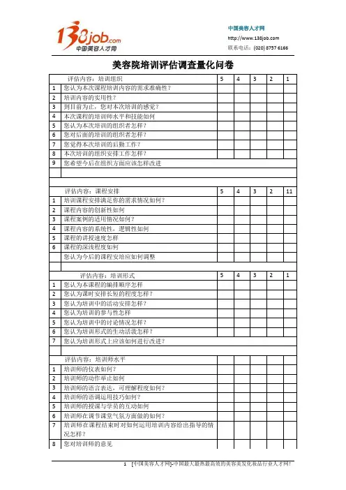 美容院培训评估调查量化问卷
