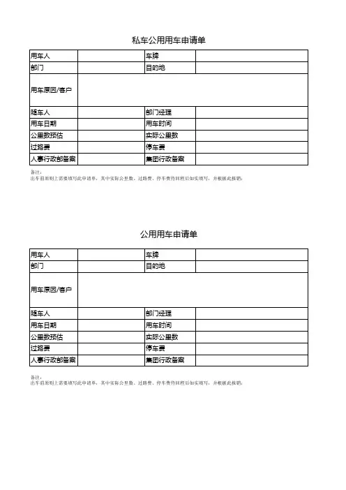 私车公用用车申请单