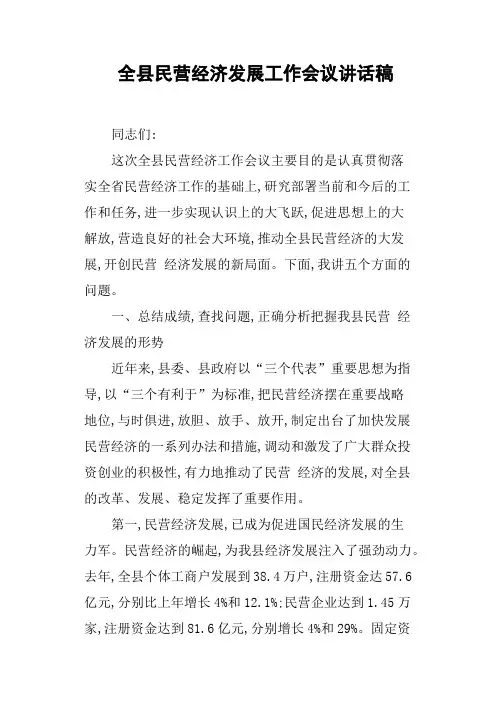 全县民营经济发展工作会议讲话稿