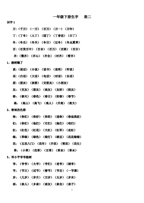 人教版一年级语文下册生字表二组词大全