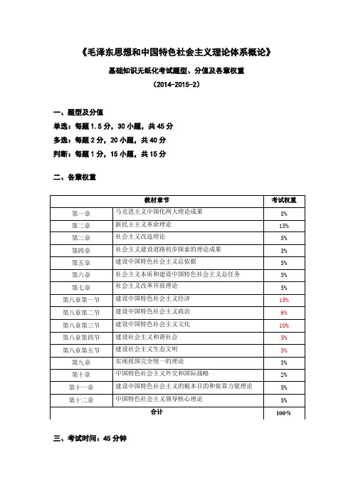 安徽大学毛概机考题型、分值及各章权重