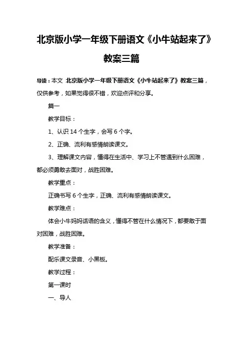 北京版小学一年级下册语文《小牛站起来了》教案三篇 3