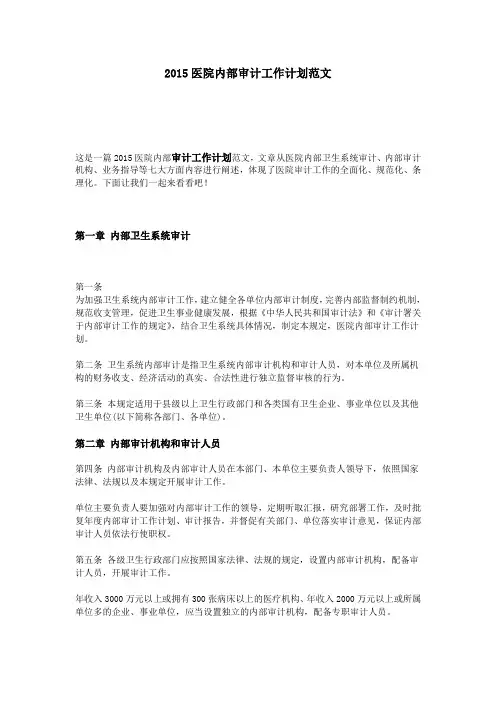 2015医院内部审计工作计划范文